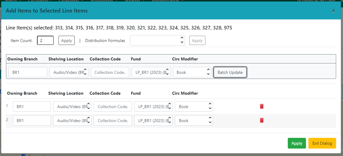AddItems to Selected Line Items Modal