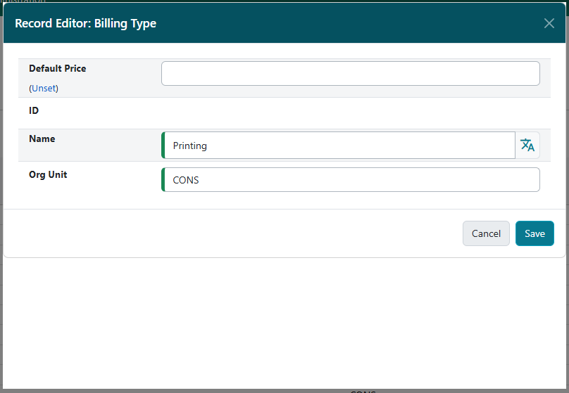 New Billing Type form