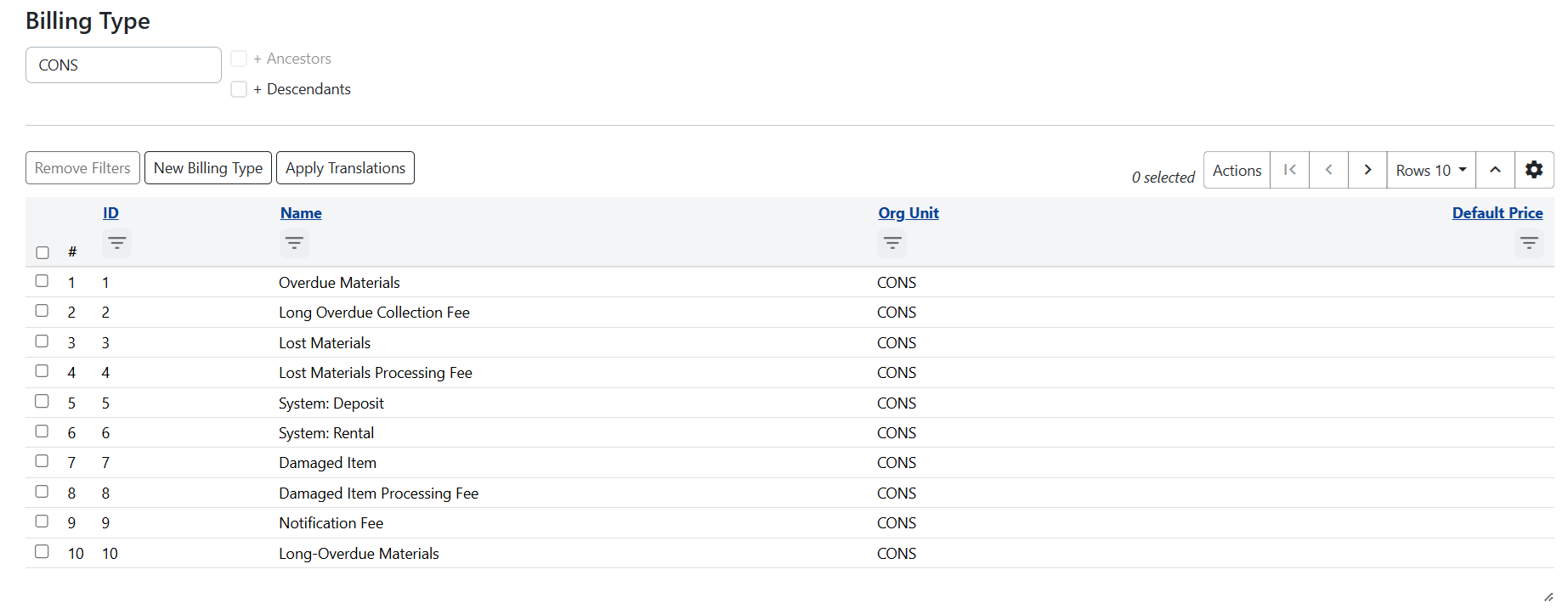 Billing Types interface
