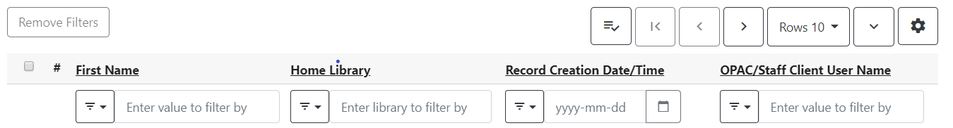 Example of column header filters