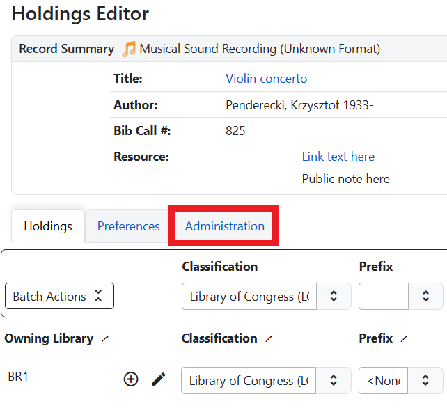 Location of Administration tab in the Holdings Editor