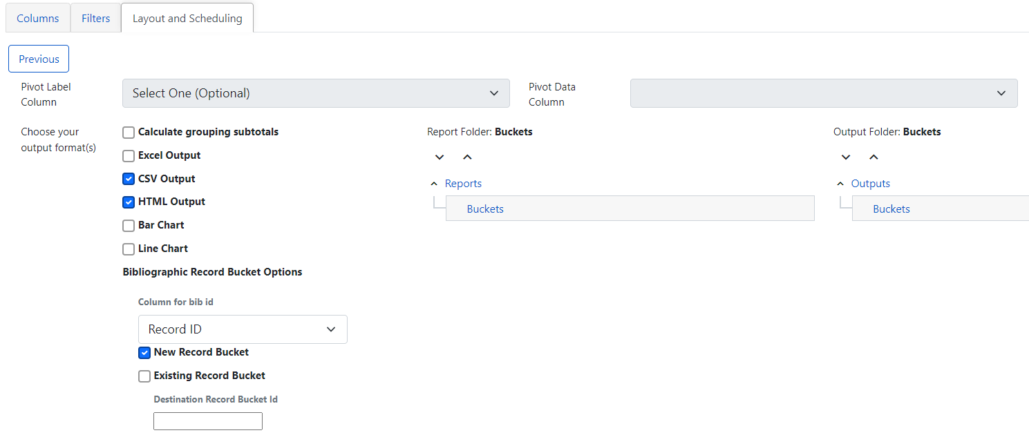 Bucket output options in the Reports interface