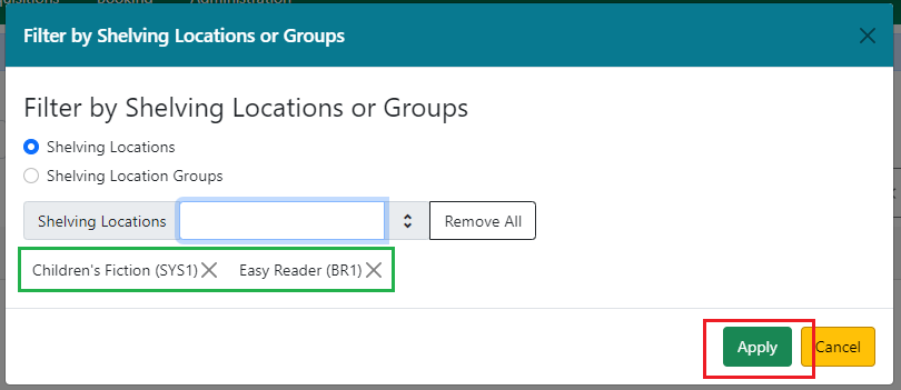 Apply shelving location filter