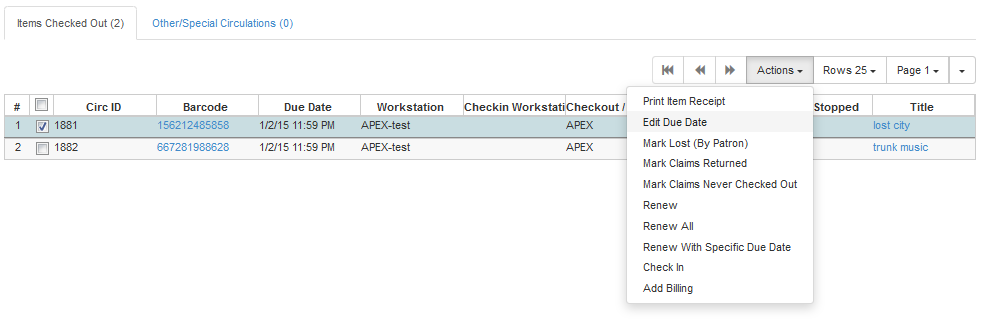 Edit Due Date action in the Items Out screen.