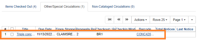 View of a claims returned item in a patron’s Other/Special Circulations tab.