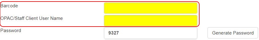 A zoomed in view of the same screenshot as above. The Barcode and OPAC/Staff Client User Name fields are highlighted
