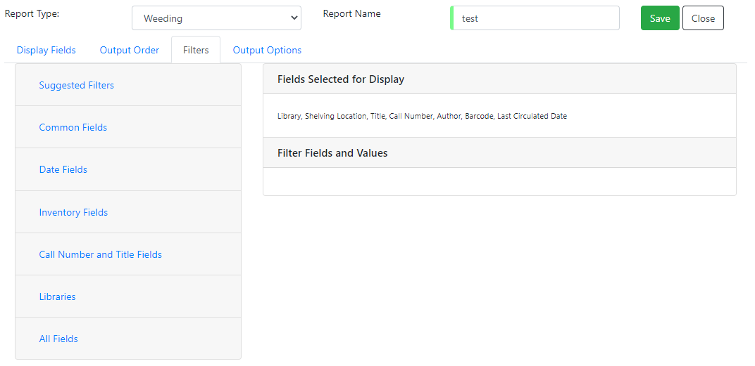 Screenshot of the Filters tab as described above. No filters selected yet, so the Filter Fields and Values area is empty.