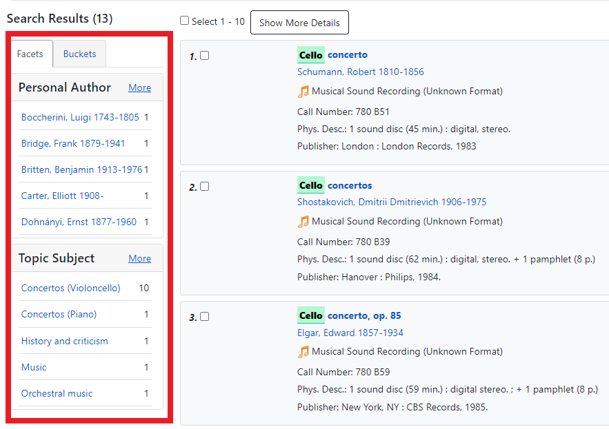 Screenshot with the facets panel highlighted