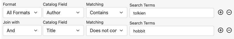 A search with two rows with the following selections